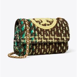 Tory Burch Fleming Tweed Convertible Shoulder Bag Brown Butter Yellow Designer